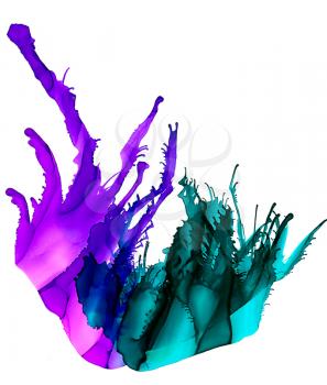 Pink merging green paint splash corner isolated on white.Colorful background hand drawn with bright inks and watercolor paints. Color splashes and splatters create uneven artistic modern design.