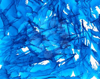 Bright blue paint splashes.Colorful background hand drawn with bright inks and watercolor paints. Color splashes and splatters create uneven artistic modern design.