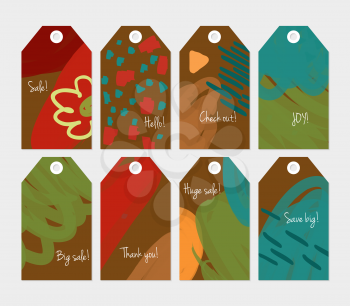 Marker brush doodles strokes scribbles bright brown green tag set.Creative universal gift tags.Hand drawn textures.Ethic tribal design.Ready to print sale labels Isolated on layer.