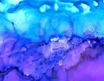 Purple blue texture with clouds.Colorful background hand drawn with bright inks and watercolor paints. Color splashes and splatters create uneven artistic modern design.
