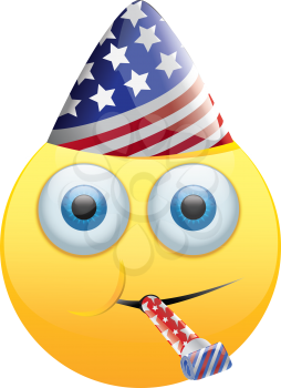 Royalty Free Clipart Image of a Happy Face in an American Party Hat With Noisemaker