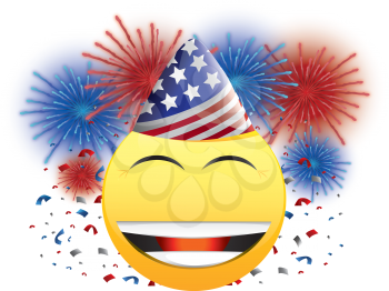 Royalty Free Clipart Image of a Happy Face in an American Hat With Fireworks and Streamers Behind