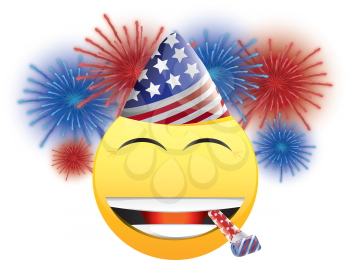 Royalty Free Clipart Image of an American Happy Face Celebrating With Fireworks
