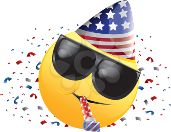 Royalty Free Clipart Image of a Celebrating American Happy Face in Sunglasses With Streamers