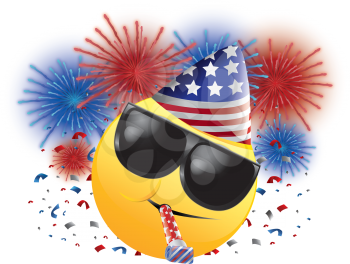 Royalty Free Clipart Image of a Celebrating American Happy Face in Sunglasses With Fireworks and Streamers