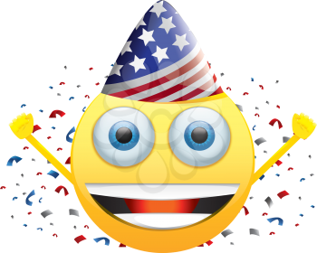 Royalty Free Clipart Image of a Happy Face in an American Party Hat With Noisemaker and Confetti