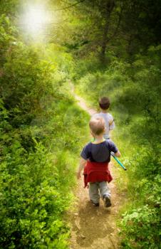 Two young children walking in forest