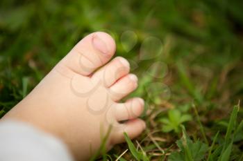 Little baby foot on fresh green grass outdoors