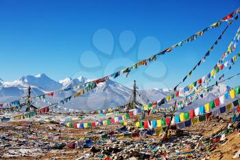 Prayer flags in Himalaya  mountains, Tibet