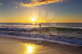 Hawaiian surfing beach at sunset