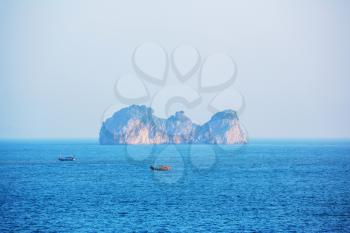 Beautiful natural cliffs in Ha Long Bay at the Gulf of Tonkin of the South China Sea, Vietnam. 