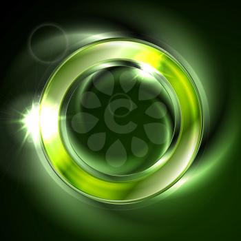 Bright glow green iridescent round logo vector design. Glowing effect and lens flare sparks on neon ring
