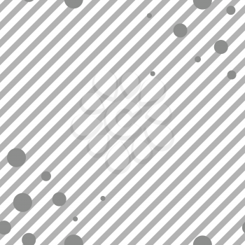 Grey diagonal stripes and circles seamless pattern. Vector striped graphic design