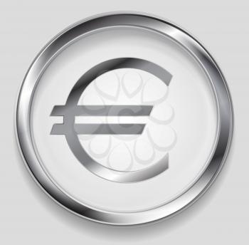 Concept metallic euro symbol logo in round button. Vector silver background