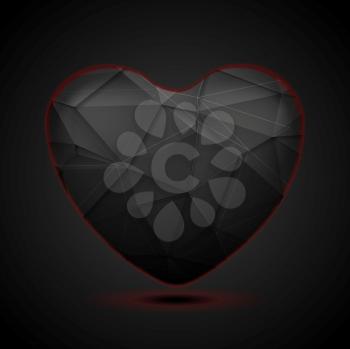 Black polygonal heart with red light. Vector tech Valentine Day graphic design background