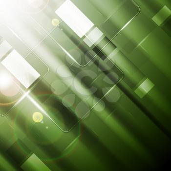 Green vibrant tech background with glossy squares and lens flare. Vector sci-fi abstract design