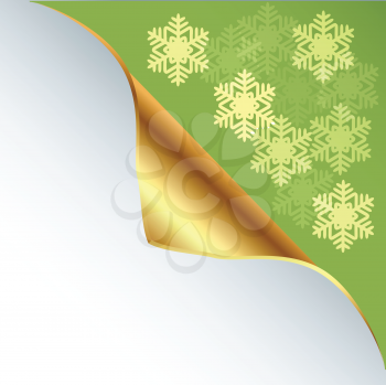 Royalty Free Clipart Image of a Snowflake Background With a Curled Gold Corner