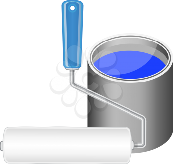 Royalty Free Clipart Image of a Bucket of Blue Paint and a Roller