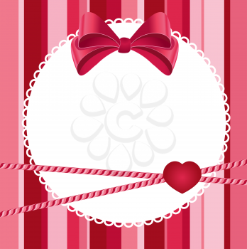 Royalty Free Clipart Image of a Striped Background With a Bow and a Heart on a Lacy Frame