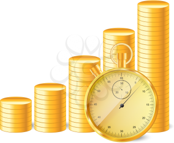 Royalty Free Clipart Image of a Stopwatch and a Stack of Coins