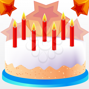 Royalty Free Clipart Image of a Cake With Candles and Stars Behind It