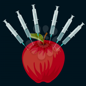 Red apple and syringes on a black background