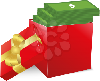 Concept of bonus. Red box with gold bow full of money.