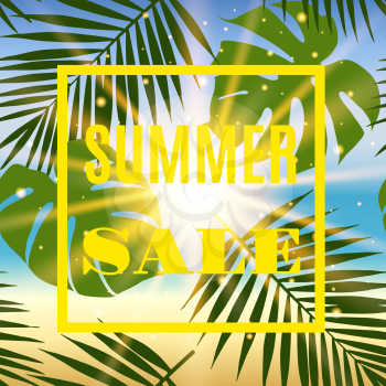 Summer sale banner with palms and sun. Vectoor illustration