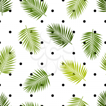 Palm leaf silhouettes and polka dot seamless pattern. Tropical leaves. Vector illustration