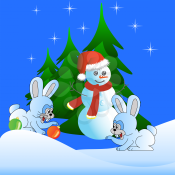 Royalty Free Clipart Image of a Snowman With Rabbits