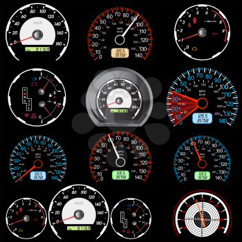 Royalty Free Clipart Image of a Set of Speedometers