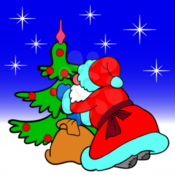 Royalty Free Clipart Image of Santa Claus Decorating a Tree