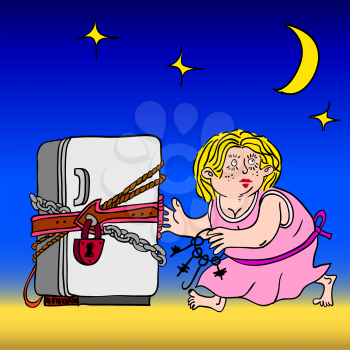 Royalty Free Clipart Image of a Woman Trying to Unlock a Fridge