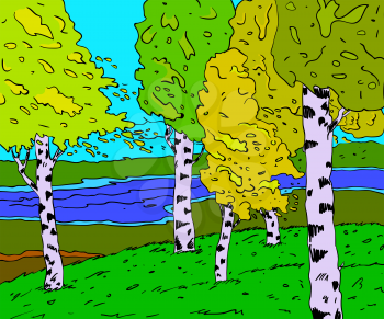 Royalty Free Clipart Image of Trees by a River