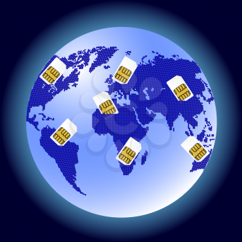 Royalty Free Clipart Image of SIM Cards and Planet Earth