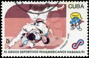 CUBA - CIRCA 1990: A post stamp printed CUBA, 1991 Pan American Games in Havana, Cuba, judo sport , circa 1990