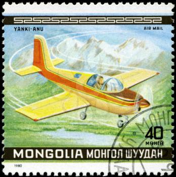 MONGOLIA - CIRCA 1980: A Stamp printed in MONGOLIA shows the Yanki-anu Plane, from the series 10th World Aerobatic Championship, circa 1980