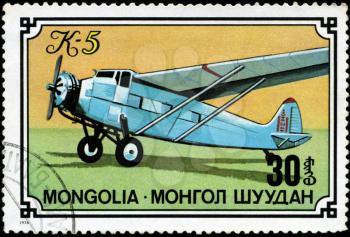MONGOLIA- CIRCA 1976: A stamp printed in Mongolia shows airplane K-5, series, circa 1976