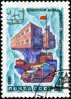 USSR-CIRCA 1981: A stamp printed in USSR, 25 years of Soviet Antarctic Observatory Mirny Station, circa 1981