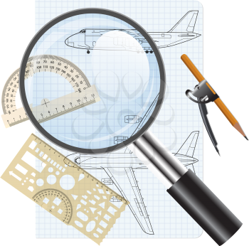 Magnifying glass icon, drawing   aircraft. Vector illustration.