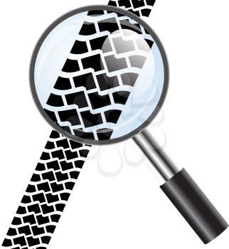 Magnifying glass icon, trail tires. Vector illustration.