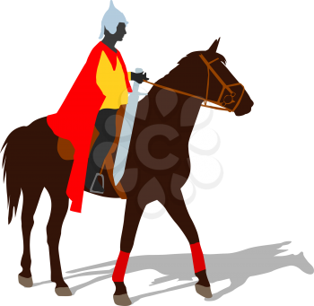 Rider on a horse in clothing warrior with a sword and wearing a helmet.  vector silhouette