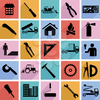 Collection flat icons with long shadow. Construction symbols. Vector illustration.