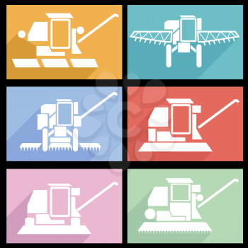 Collection flat icons with long shadow. Agricultural vehicles harvesting combine symbols. Vector illustration.