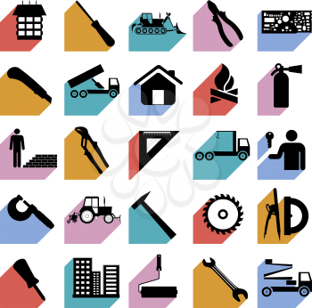 Collection flat icons with long shadow. Construction symbols. Vector illustration.