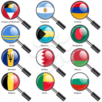 Set  Flags of world sovereign states magnifying glass. Vector illustration. Set number 2. Exact colors. Easy changes.