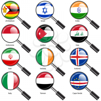 Set  Flags of world sovereign states Magnifying glass. Vector illustration. Set number 6. Exact colors. Easy changes.