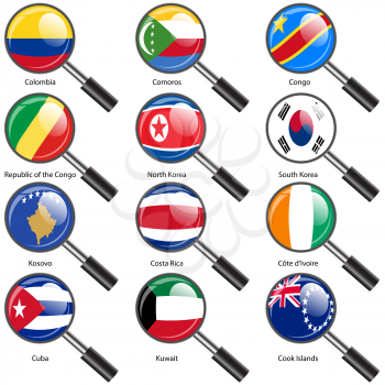 Set  Flags of world sovereign states Magnifying glass. Vector illustration. Set number 8. Exact colors. Easy changes.
