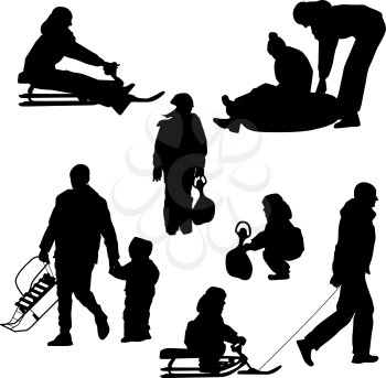 Black silhouettes set people and children with a sled white background. Vector illustration.