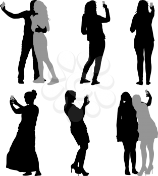 Silhouettes  man and woman taking selfie with smartphone on white background. Vector illustration.
